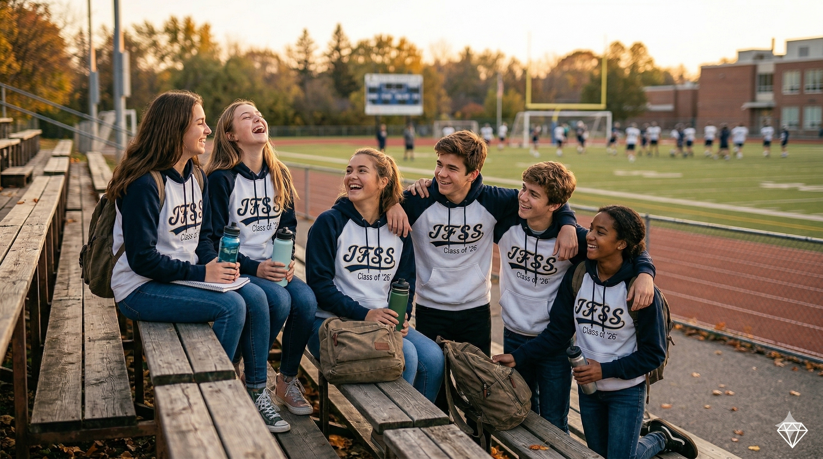 Students at bleachers in grad gear